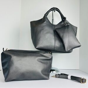 NWT 22 Tote Handbag Pebbled Pewter Adjustable Strap Removable Clutch Wristlet